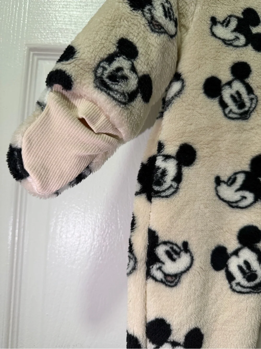 H&M Cream and Black Mickey Mouse Fleece One-Piece Footie 2-4 M